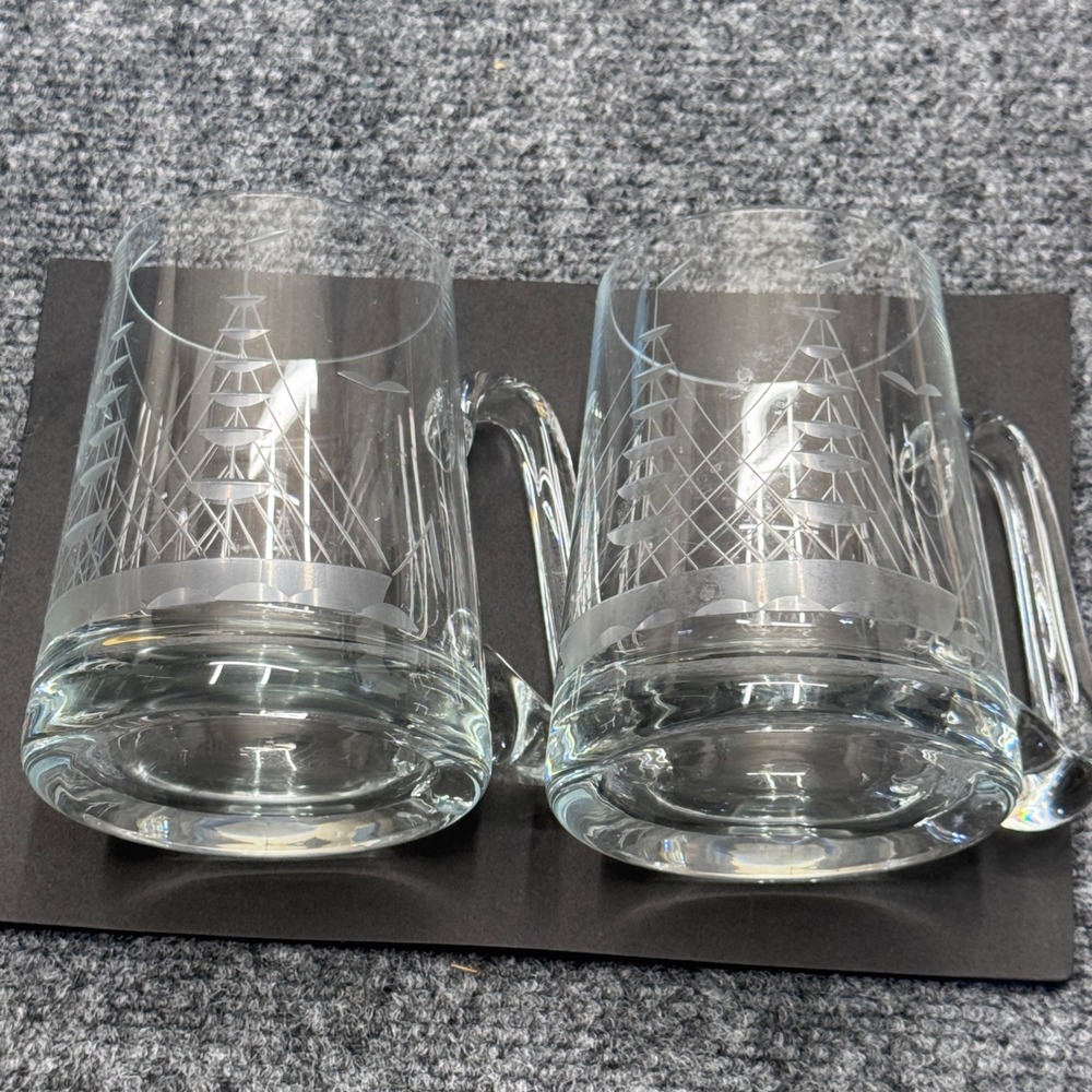Unbranded Etched Glass Ship Beer Mugs Set of 2 Clear Nautical Sailing Coastal